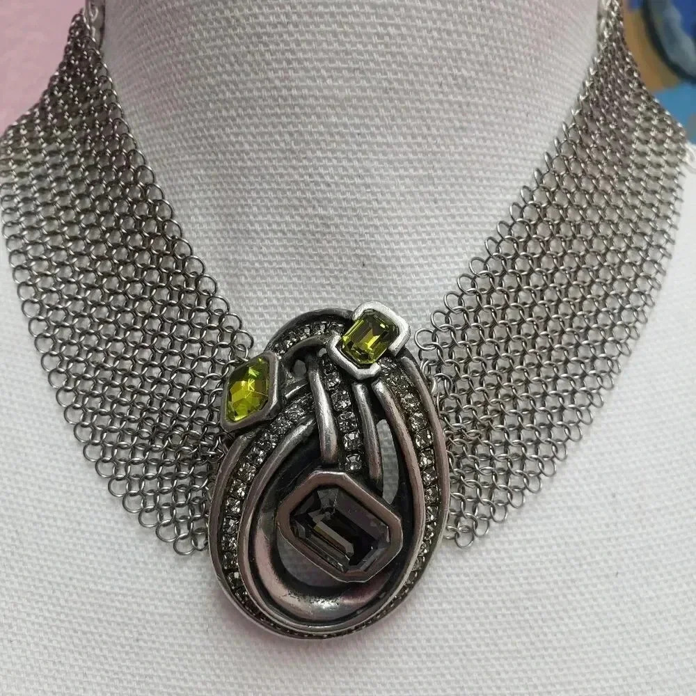 Silver Mesh Gray/Green Crystal Statement Necklace